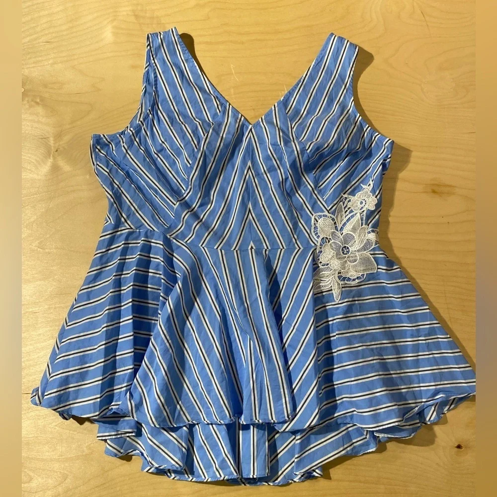 Lane Bryant Blue and White Striped Blouse with Floral Lace 18P (OS)